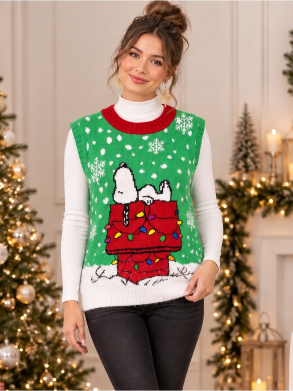 Peanuts Snoopy Christmas Sweater Vest XL Green Holiday Doghouse Lights Knit